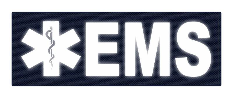 EMS Patch - Star of Life - 8.5x3.0 - Reflective White Lettering - Navy Backing - Hook Fabric - Click for larger image EMS Patch - Star of Life - 8.5x3.0 - Reflective White Lettering - Navy Backing - Hook Fabric