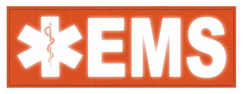 EMS Patch - Star of Life - 8.5x3.0 - Reflective White Lettering - Orange Backing - Hook Fabric - Click for larger image EMS Patch - Star of Life - 8.5x3.0 - Reflective White Lettering - Orange Backing - Hook Fabric