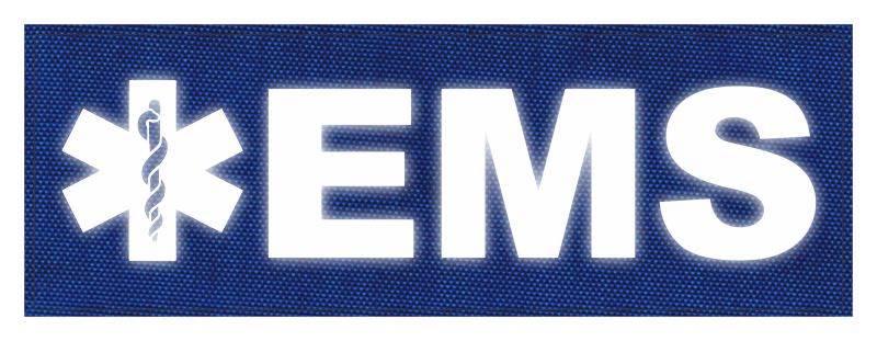 EMS Patch - Star of Life - 8.5x3.0 - Reflective White Lettering - Royal Blue Backing - Hook Fabric - Click for larger image EMS Patch - Star of Life - 8.5x3.0 - Reflective White Lettering - Royal Blue Backing - Hook Fabric