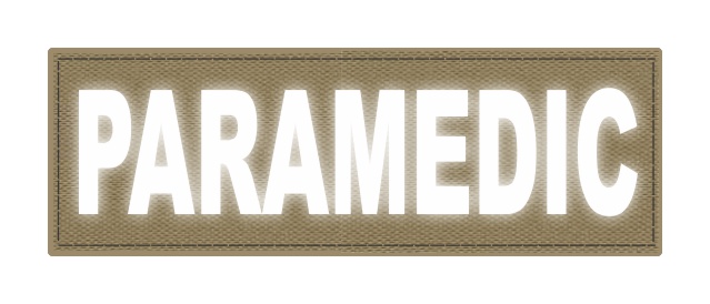 PARAMEDIC ID Patch - 6x2 - Reflective White Lettering - Tan Backing - Hook Fabric - Click for larger image PARAMEDIC ID Patch - 6x2 - Reflective White Lettering - Tan Backing - Hook Fabric