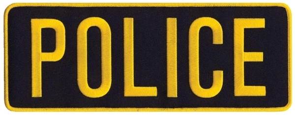POLICE Back Patch - 11 x 4 - Gold Lettering - Black Backing - Click for larger image POLICE Back Patch - 11 x 4 - Gold Lettering - Black Backing