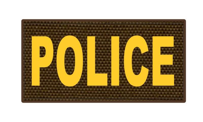 POLICE ID Patch - 4x2 - Gold Lettering - Coyote Backing - Hook Fabric - Click for larger image POLICE ID Patch - 4x2 - Gold Lettering - Coyote Backing - Hook Fabric
