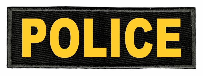 POLICE Identification Patch - 6x2 - Gold Lettering - Black Twill Backing - Click for larger image POLICE Identification Patch - 6x2 - Gold Lettering - Black Twill Backing