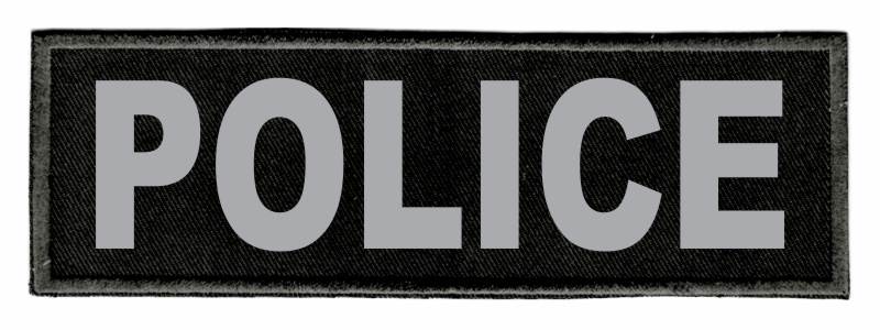POLICE Identification Patch - 6x2 - Gray Lettering - Black Twill Backing - Click for larger image POLICE Identification Patch - 6x2 - Gray Lettering - Black Twill Backing