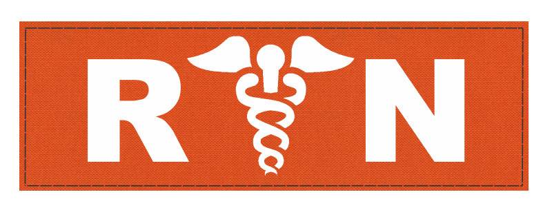 R/N Caduces ID Patch - 8.5x3 - White Lettering - Orange Backing - Hook Fabric - Click for larger image R/N Caduces ID Patch - 8.5x3 - White Lettering - Orange Backing - Hook Fabric