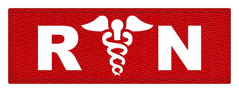 R/N Caduces ID Patch - 8.5x3 - White Lettering - Red Backing - Hook Fabric - Click for larger image R/N Caduces ID Patch - 8.5x3 - White Lettering - Red Backing - Hook Fabric