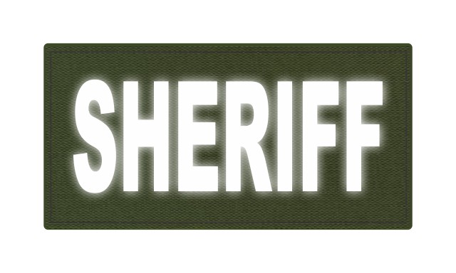 SHERIFF ID Patch - 4x2 - Reflective White Lettering - OD Green Backing - Hook Fabric - Click for larger image SHERIFF ID Patch - 4x2 - Reflective White Lettering - OD Green Backing - Hook Fabric