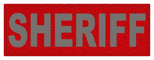 SHERIFF ID Patch - 8.5x3.0 - Gray Lettering - Red Backing - Hook Fabric - Click for larger image SHERIFF ID Patch - 8.5x3.0 - Gray Lettering - Red Backing - Hook Fabric