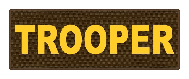 TROOPER ID Patch - 8.5x3.0 - Gold Lettering - Coyote Backing - Hook Fabric - Click for larger image TROOPER ID Patch - 8.5x3.0 - Gold Lettering - Coyote Backing - Hook Fabric